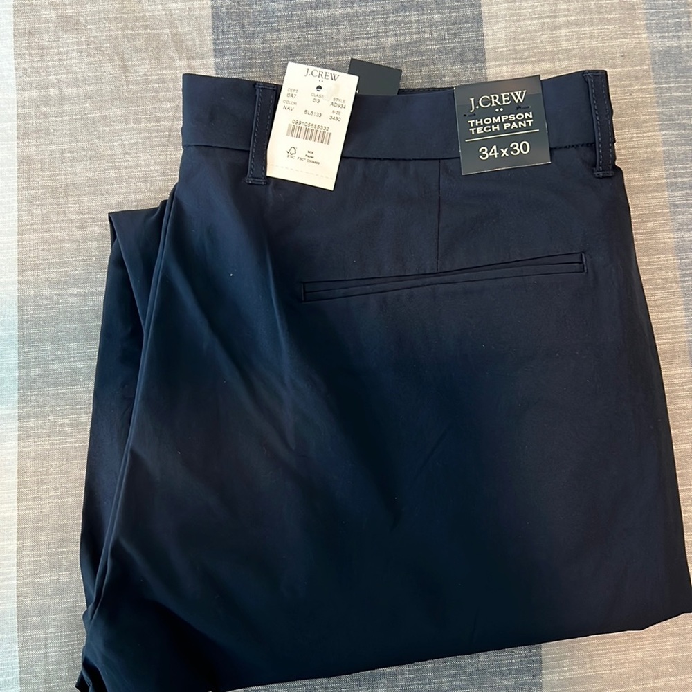 new  jcrew mens thompson tech pants. Blue and tan pants. 2 pair.  size 34x30.